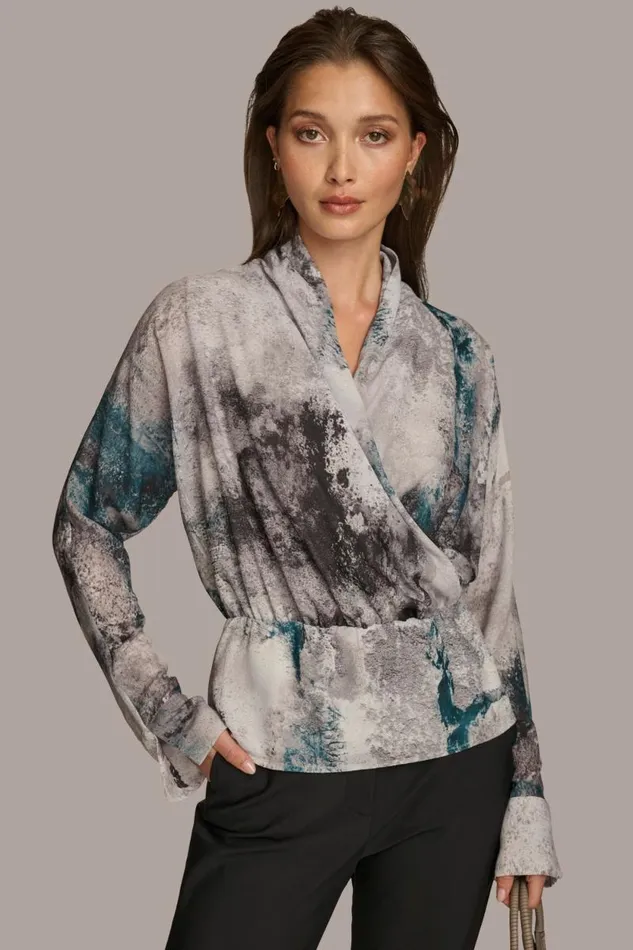 Women PRINTED FAUX WRAP BLOUSE Peacock Multi Donna Karan New York Sweaters And Tops