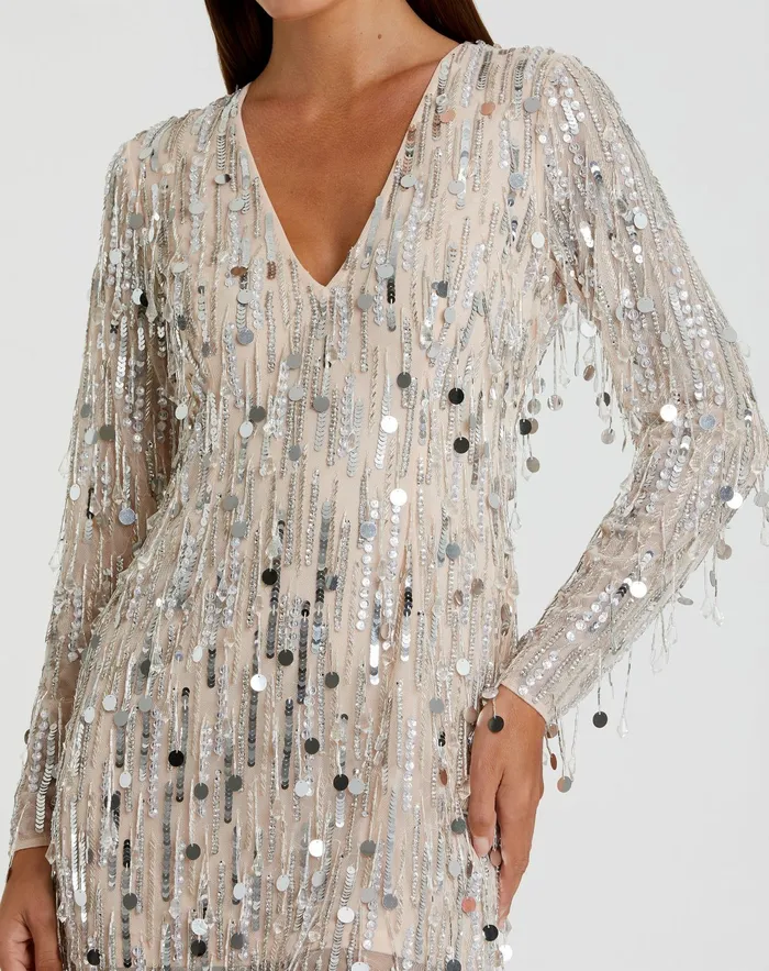 Women Silver Long Sleeve Beaded Fringe Plunge Neck Dress Nude Silver Cocktail Dresses Mac Duggal