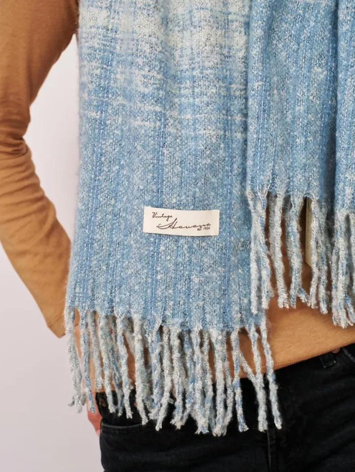 Women Vintage Havana Scarf Ruanas BOUCLE CHECK TASSEL SCARF 8211 BLUE Blue