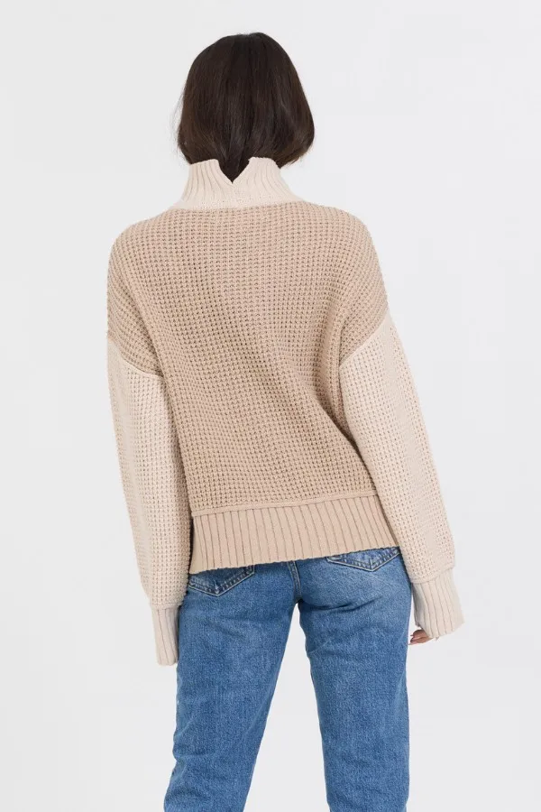 Women Vintage Havana Sweaters OatmealBrown Sugar Combo Mockneck Two Tone Sweater Oatmeal Brown Sugar