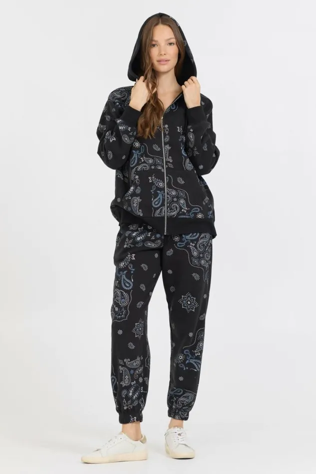 Women Vintage Havana Sweatshirts Black Bandana Printed Fleece Oversized Zip Up Black
