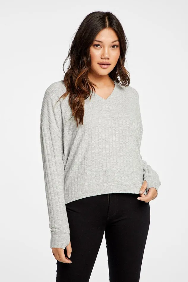 Womens Chaser Brand Tops Poor Boy Rib V Neck Thumbhole Pullover Hoodie