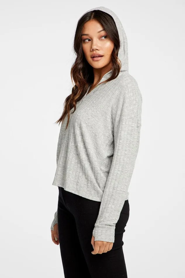 Womens Chaser Brand Tops Poor Boy Rib V Neck Thumbhole Pullover Hoodie