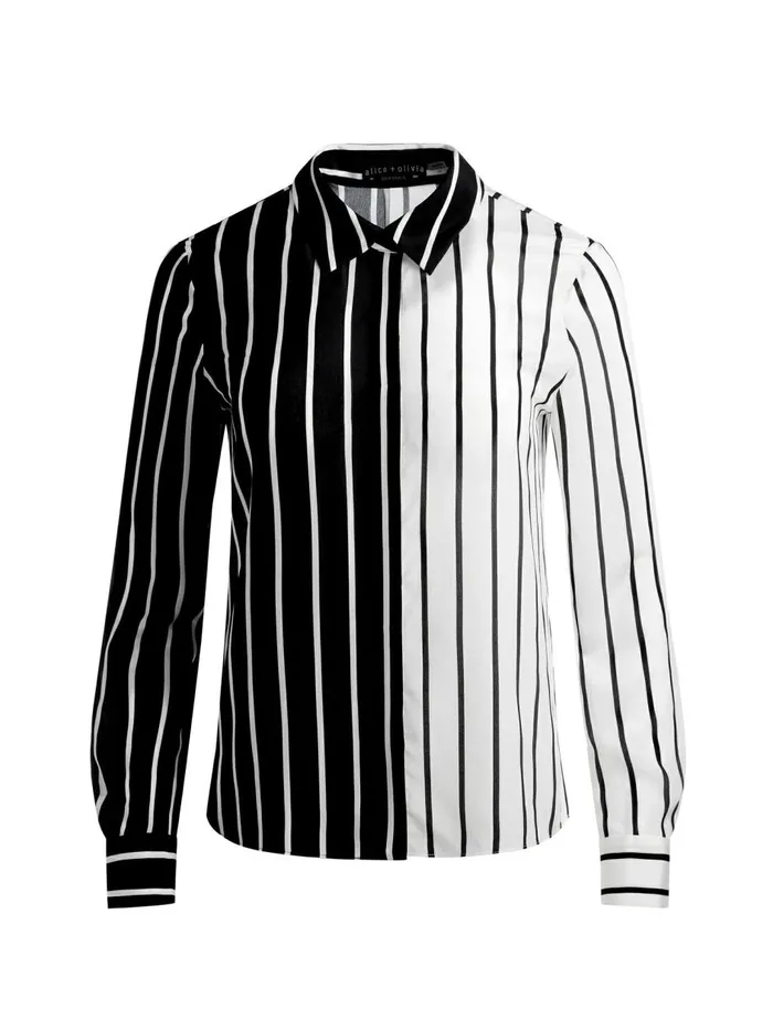 Womens Tops Alice Olivia Willa Placket Top Vertical Palazzo Stripe Black